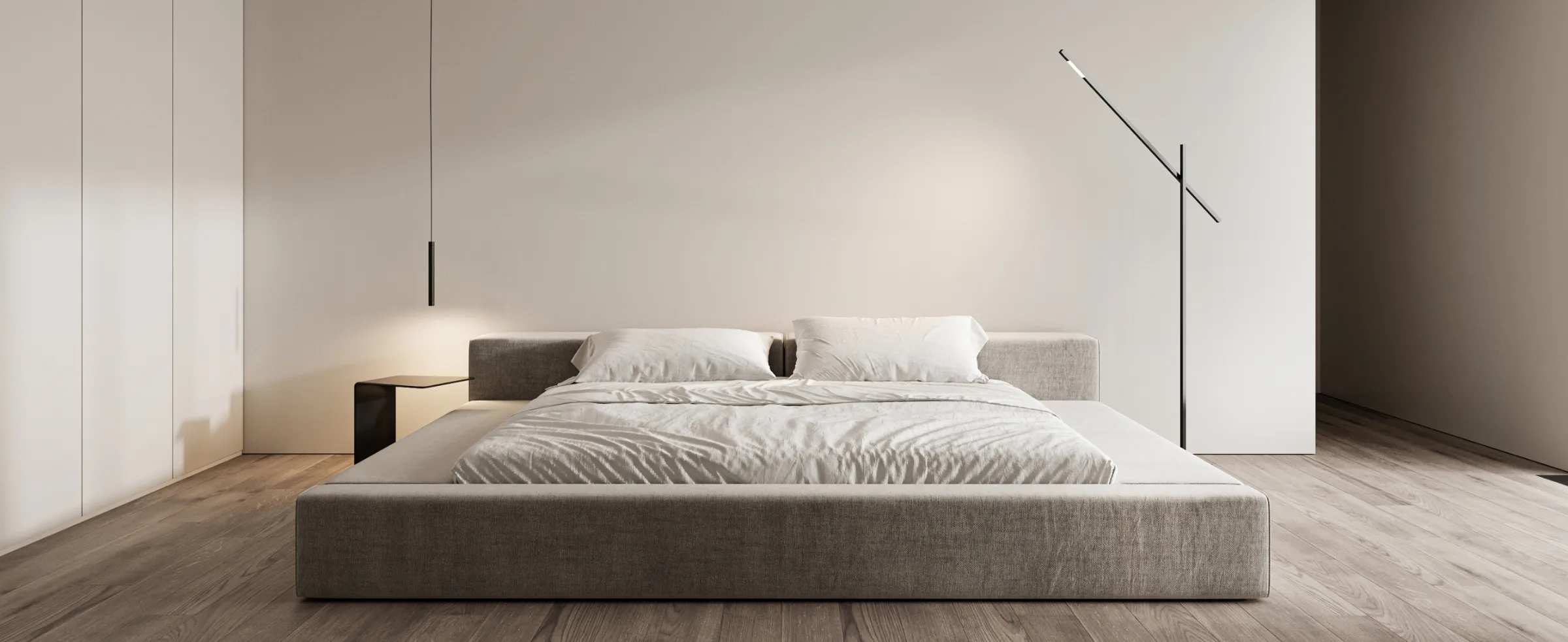 Modern bedroom rendering with upholstered bed, light wood floor, and calm ambient lighting.