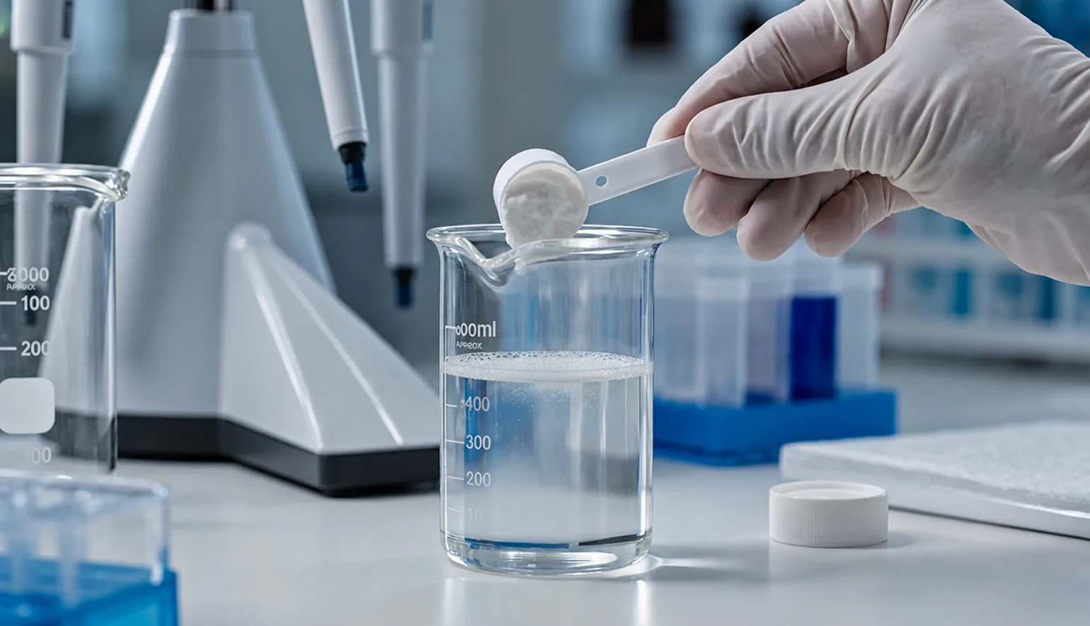 Lab-inspired scene conveying sports nutrition formulation and science.