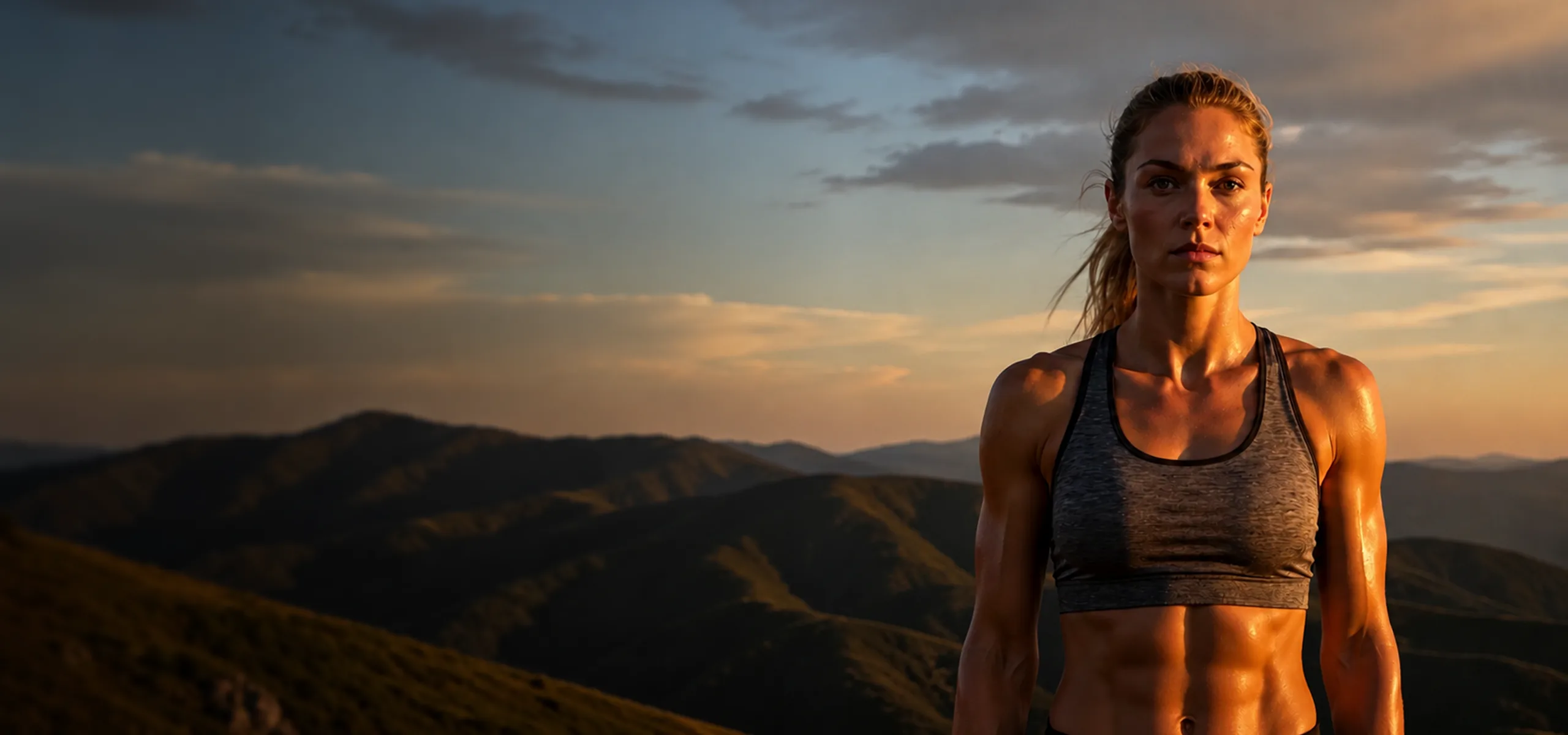 Female athlete portrait at dusk, sports nutrition product visualization hero.