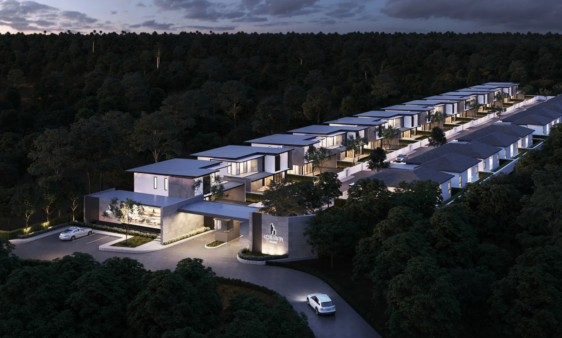 Types of angles in 3D visualization Aerial bird's-eye 3D render of a villa resort development in a forest
