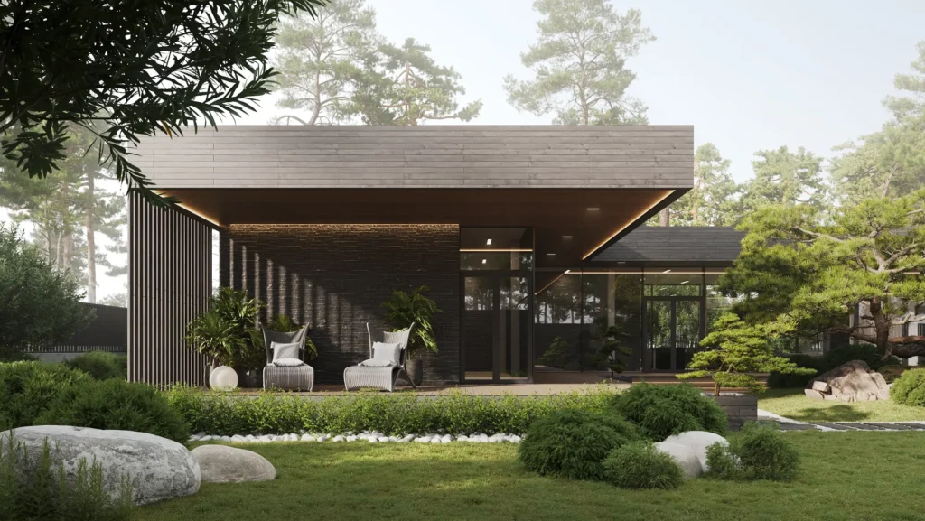 Modern flat-roof house exterior in a pine forest rendered by a Dutch 3D visualization studio.