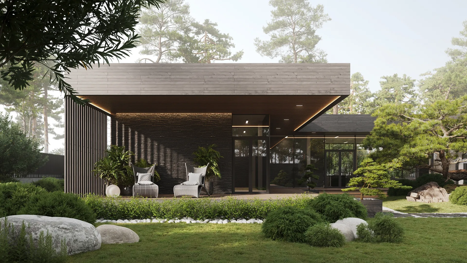 Top 3D visualization studios in the Netherlands 3D architectural rendering of a modern forest home exterior.