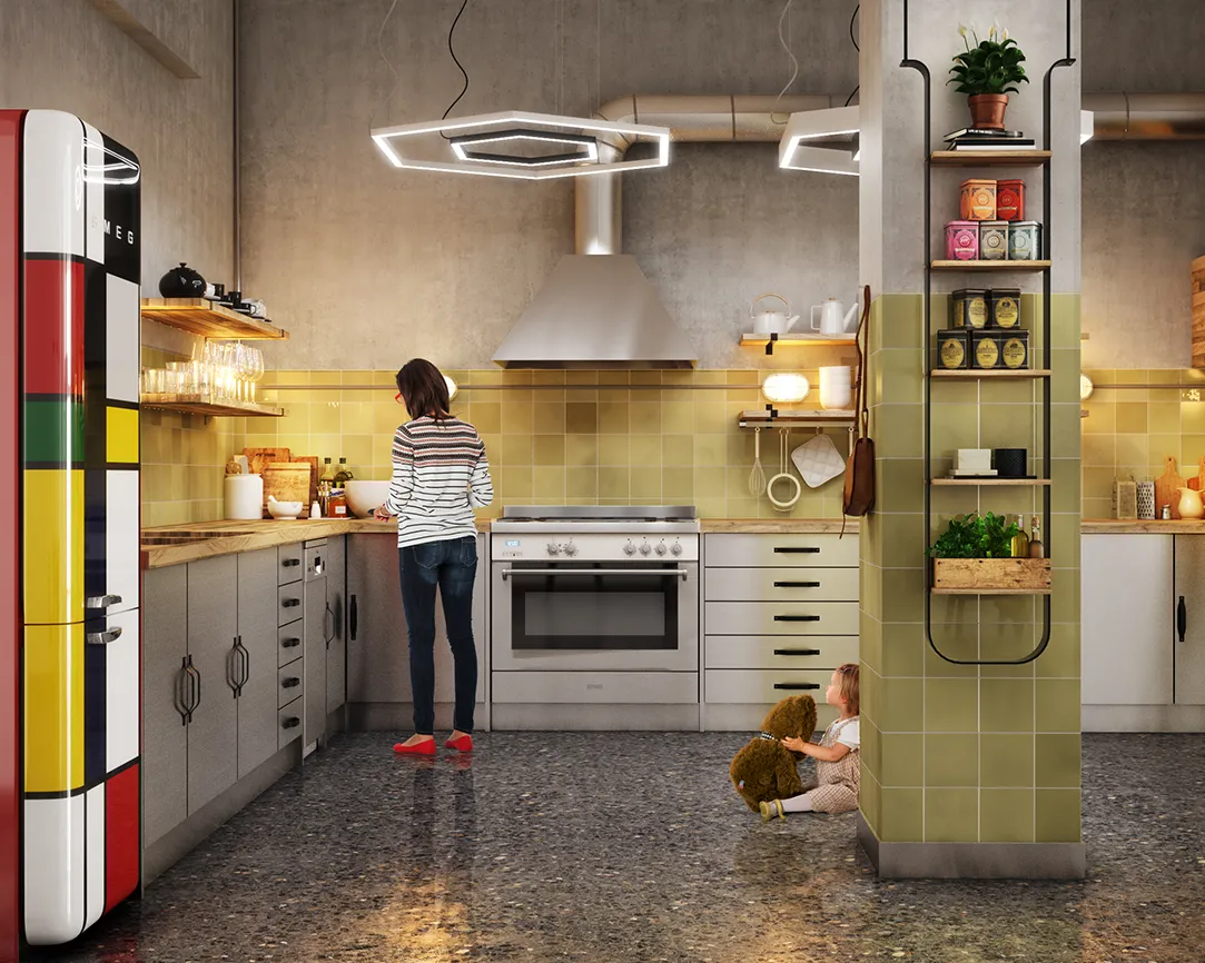 Top 3D visualization studios in the Netherlands 3D interior rendering of a modern kitchen, highlighting lifestyle design and realistic residential visualization.