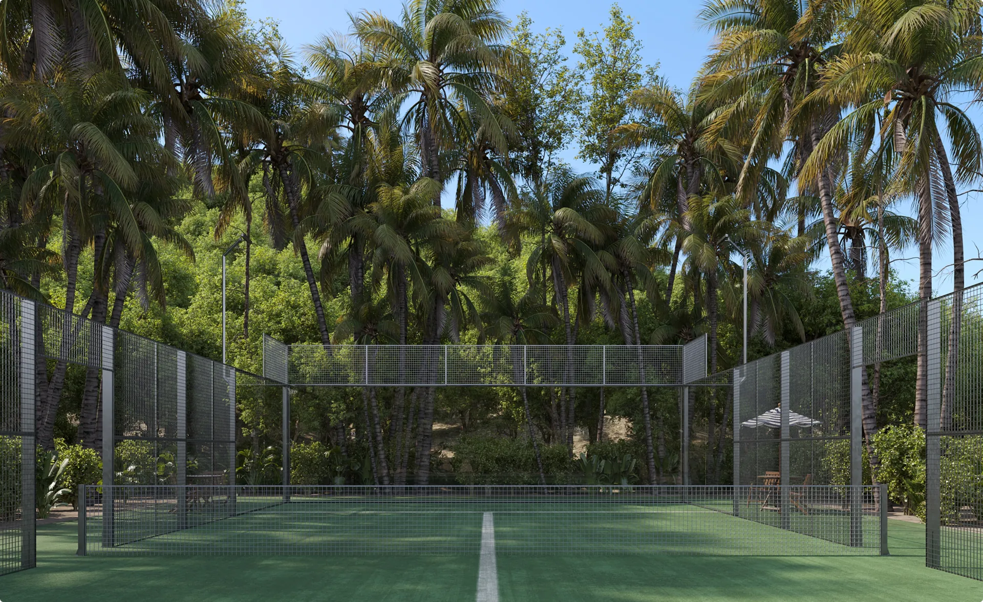 Tropical CGI render of the padel court framed by foreground palms — atmospheric lifestyle visualization.