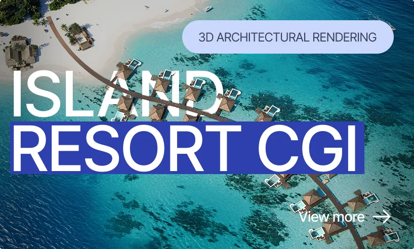Aerial CGI of a tropical island resort with overwater villas and a turquoise lagoon
