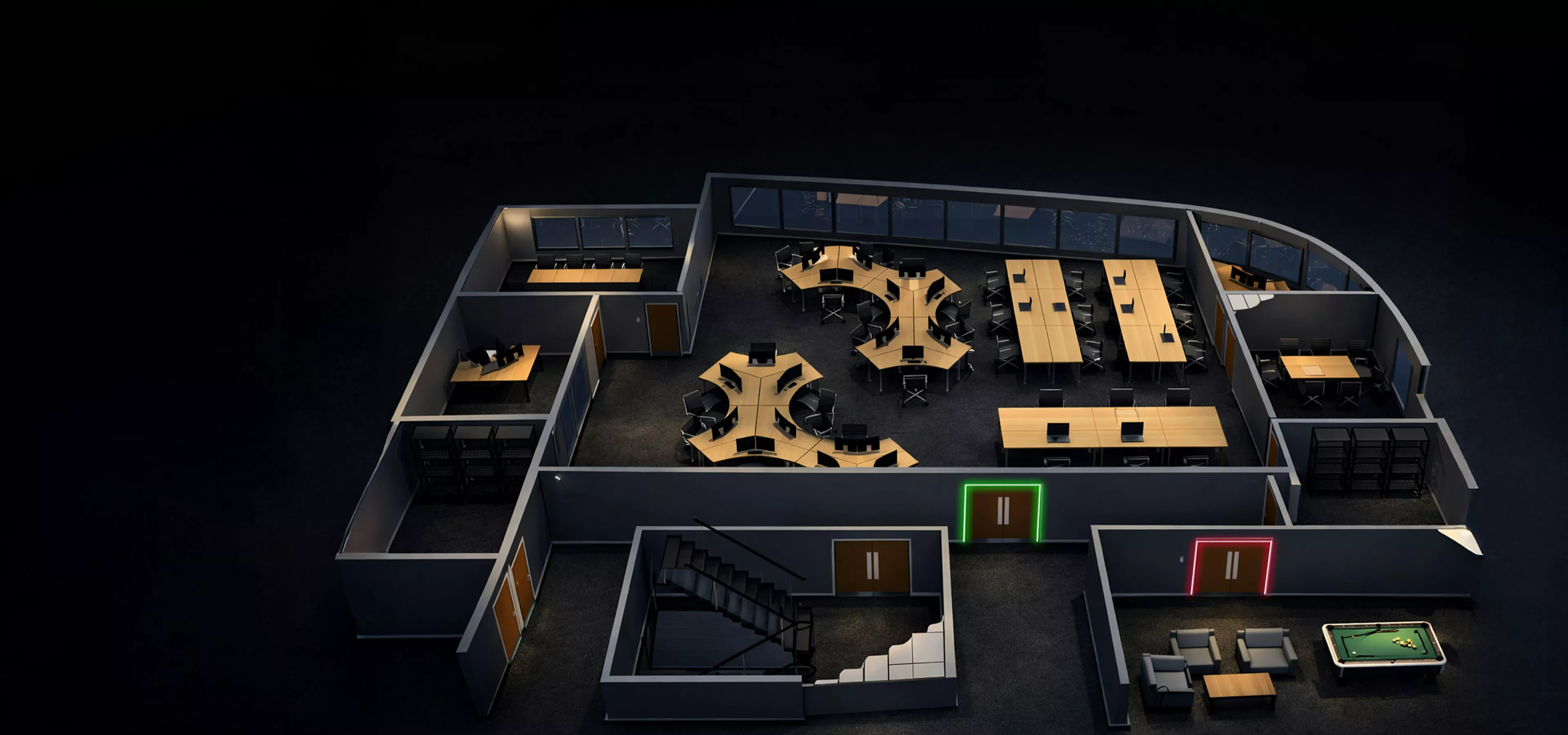Dark-themed 3D floor plan of an office space with workstations, meeting tables and lounge area