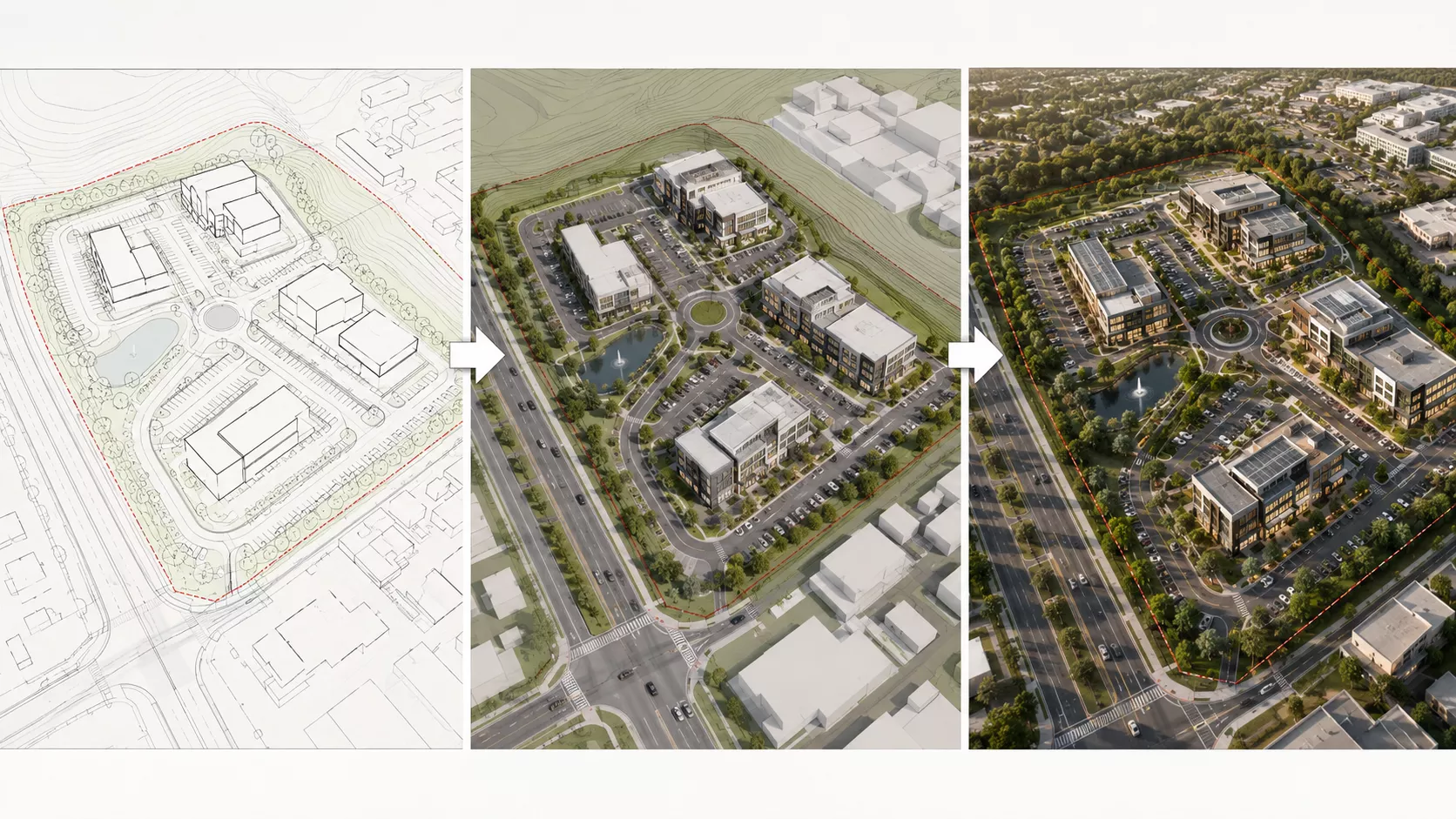 Site plan rendering progression from flat masterplan to a 3D aerial view