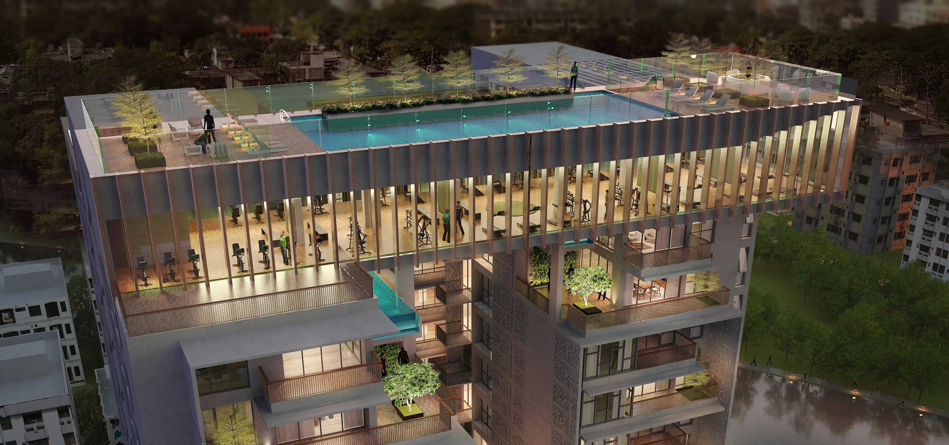 Photorealistic residential rendering of a modern apartment building with a rooftop pool at dusk