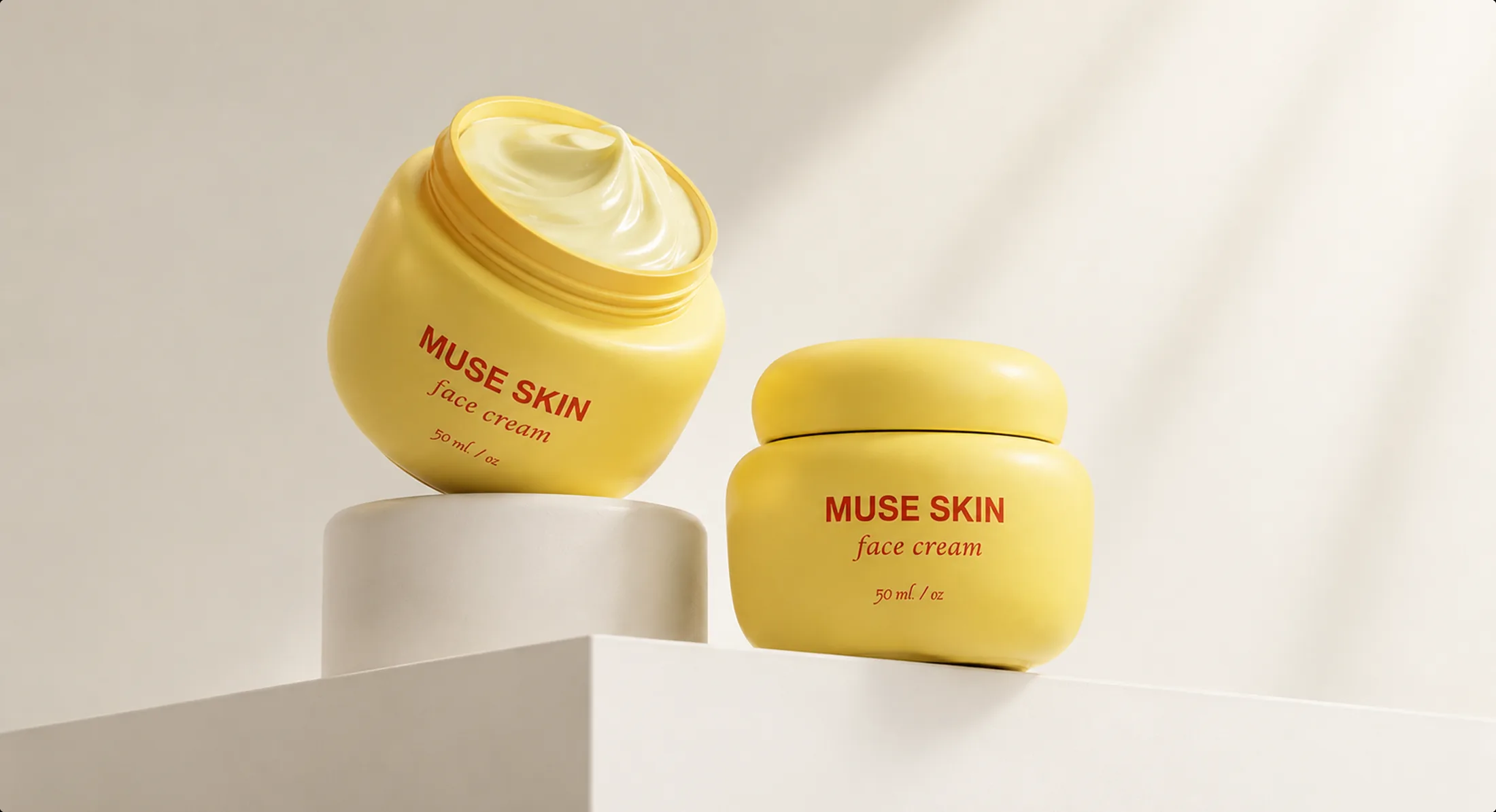 Multiple face-cream jars on pedestals in a wide composition, AI product visualization.