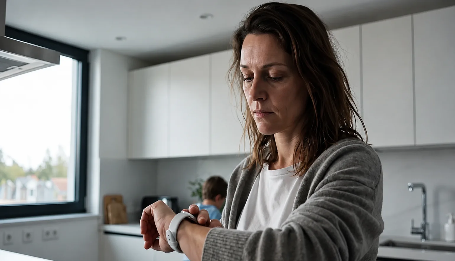 Woman in a modern kitchen glancing at her smartwatch to check health data from the connected app.