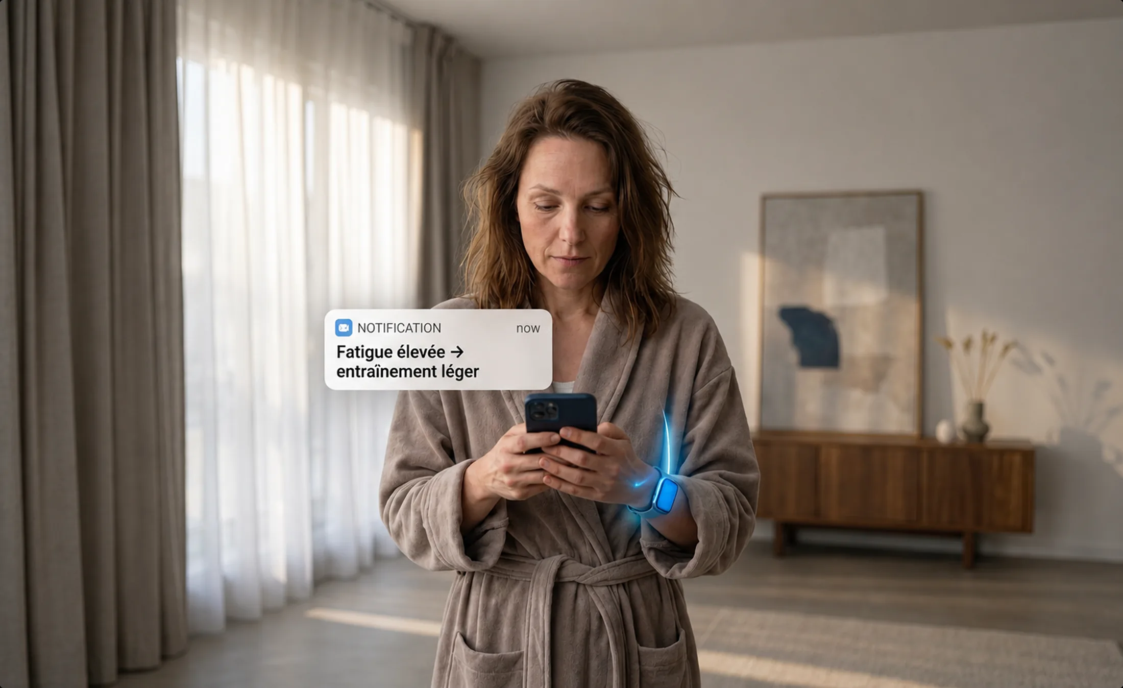 Woman standing while holding a phone with a floating health-app notification beside her.