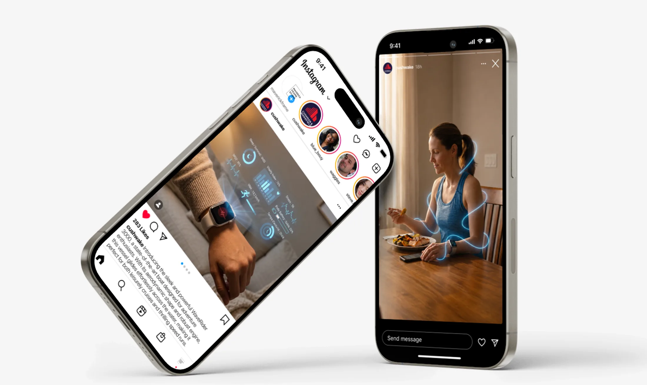 Two smartphones showing the digital health app inside social media feeds and stories for a launch campaign.